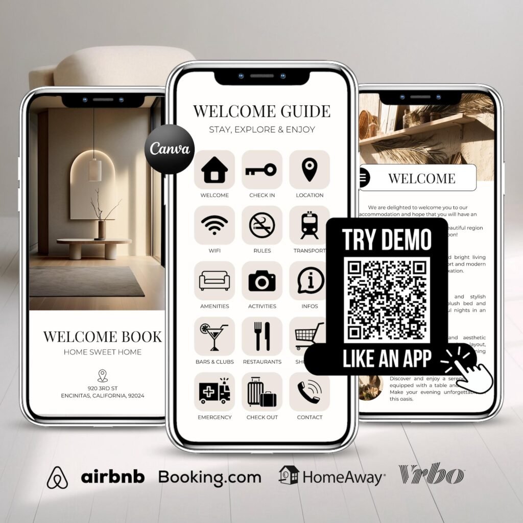 Airbnb welcome book digital template for vacation rental hosts on mobile phone