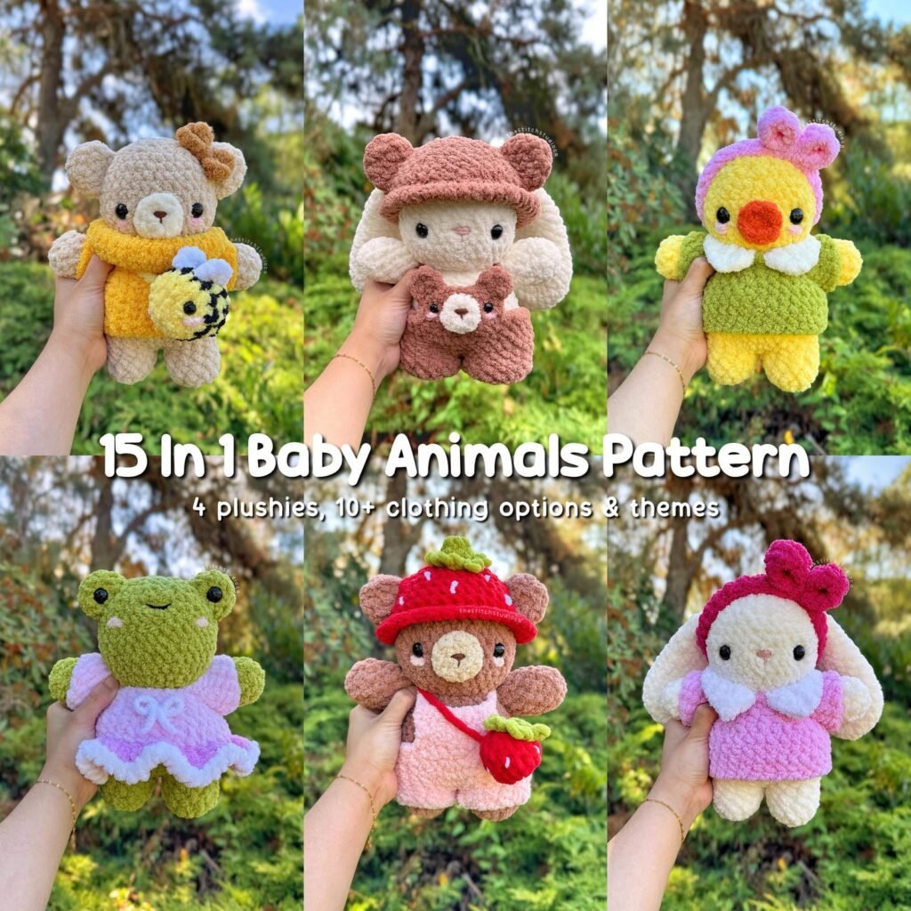 Baby plushie crochet pattern bundle featuring bunny bear frog and duck with interchangeable outfits