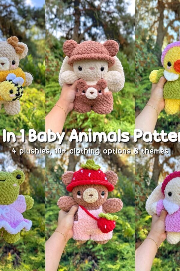 Baby plushie crochet pattern bundle featuring bunny bear frog and duck with interchangeable outfits