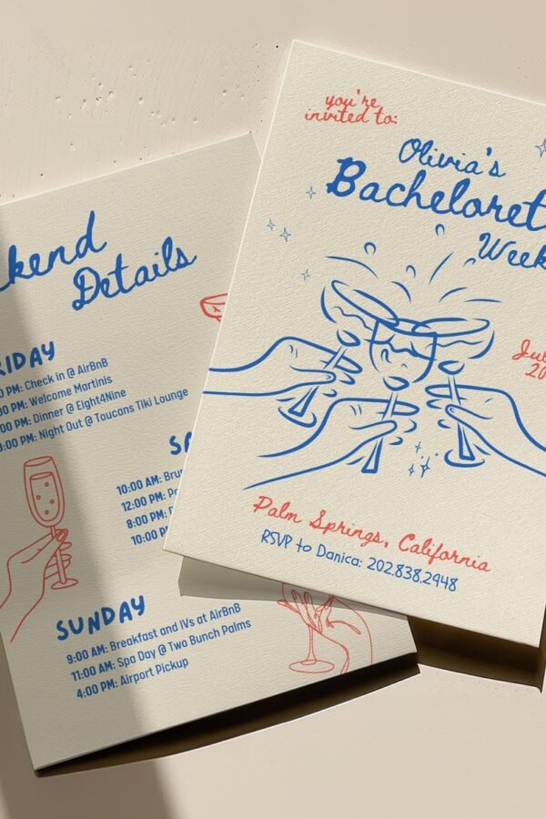 Free bachelorette itinerary template with handwritten vintage design and invitation
