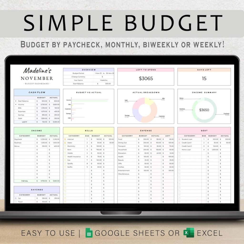 Free budget planner spreadsheet template for Google Sheets and Excel with dashboard