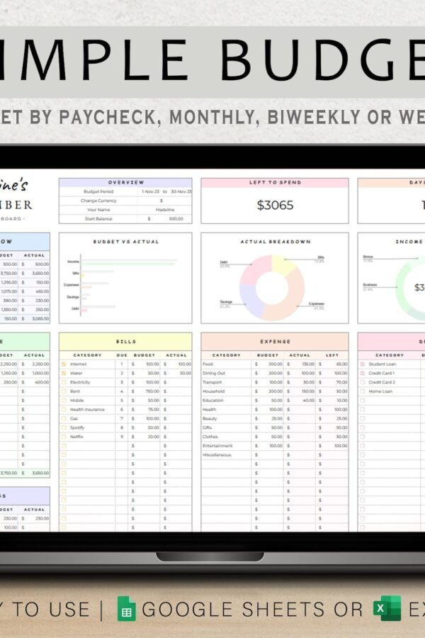 Free budget planner spreadsheet template for Google Sheets and Excel with dashboard