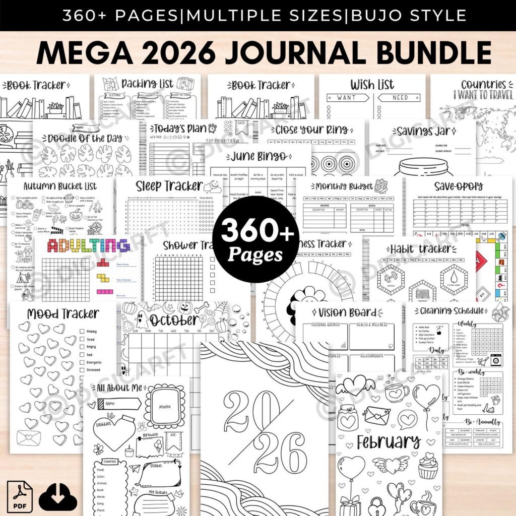 Bullet journal printable bundle with 360+ planner pages and trackers for 2026