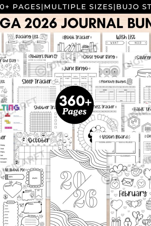 Bullet journal printable bundle with 360+ planner pages and trackers for 2026