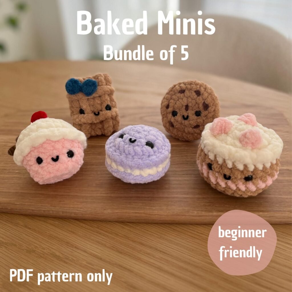 Free crochet amigurumi pattern bundle featuring five cute baked goods designs