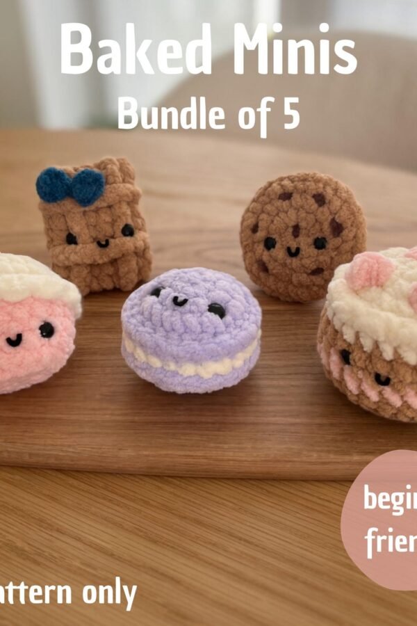 Free crochet amigurumi pattern bundle featuring five cute baked goods designs