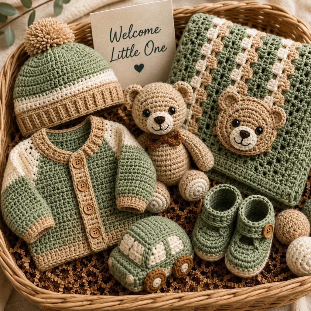 Free crochet baby boy pattern bundle with sweater, hat, booties and toys
