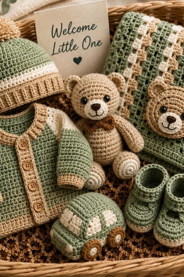 Free crochet baby boy pattern bundle with sweater, hat, booties and toys