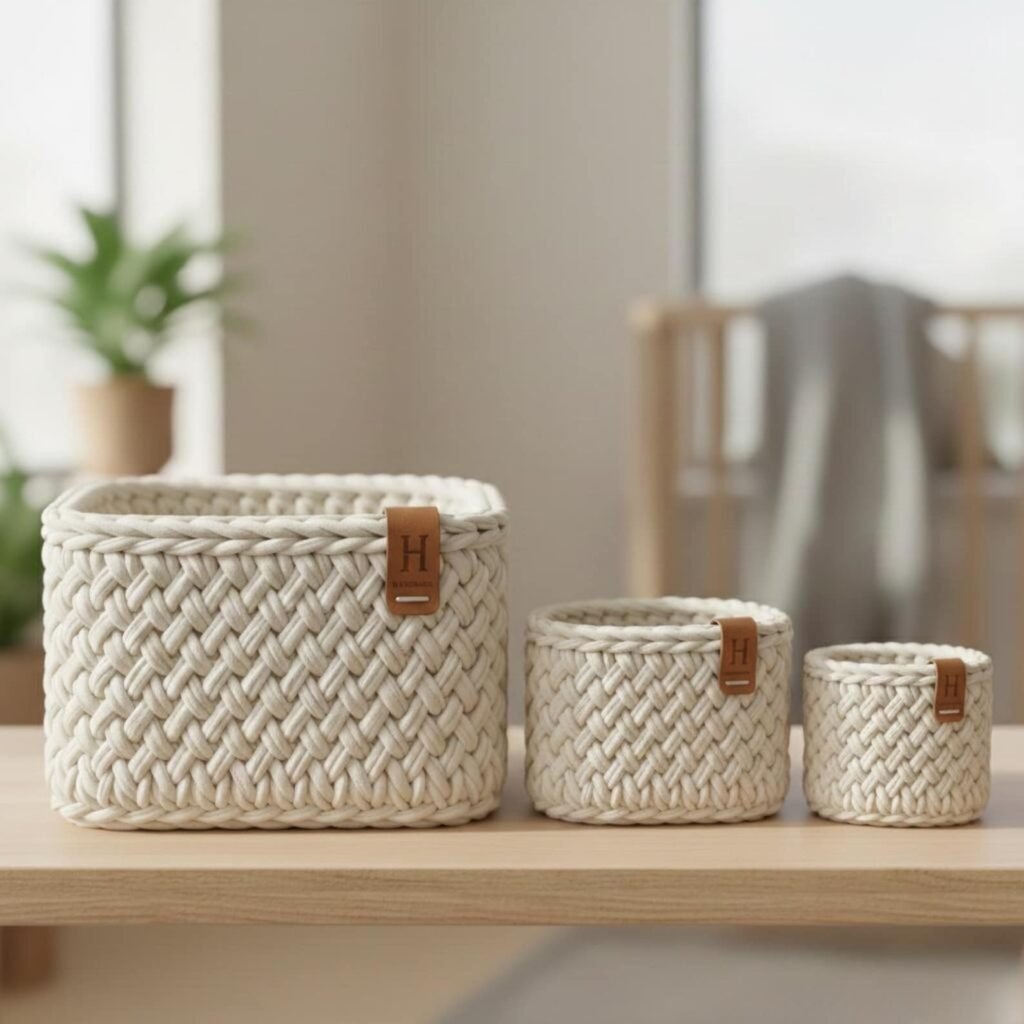 Free crochet basket pattern showing three nested minimalist storage baskets