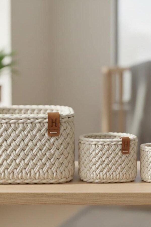 Free crochet basket pattern showing three nested minimalist storage baskets