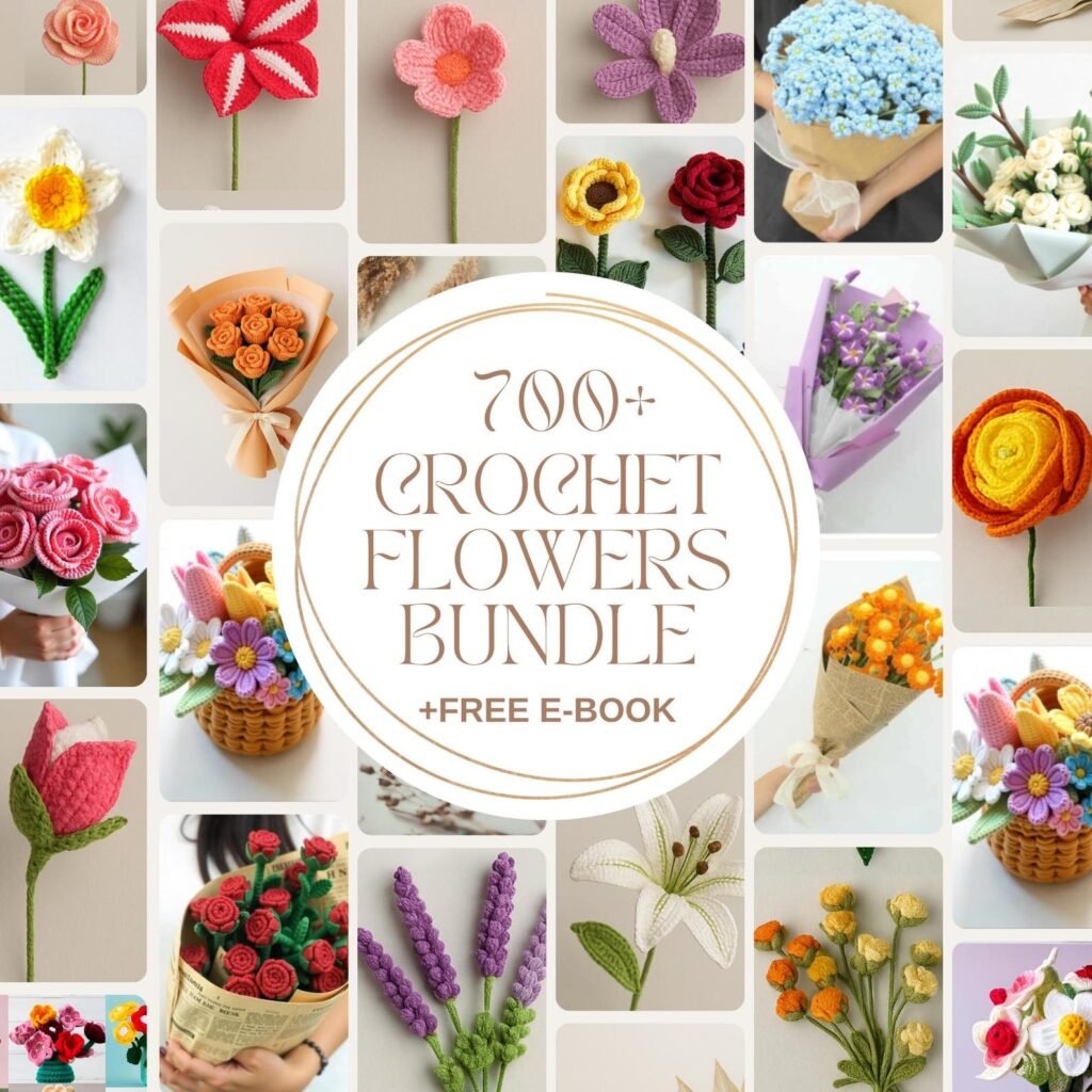 Crochet flower pattern bundle showing roses, tulips and daisy designs