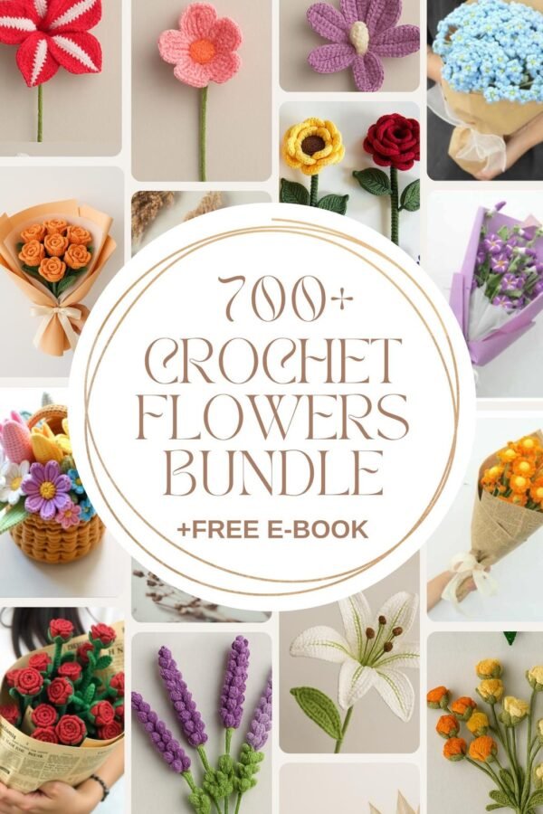 Crochet flower pattern bundle showing roses, tulips and daisy designs