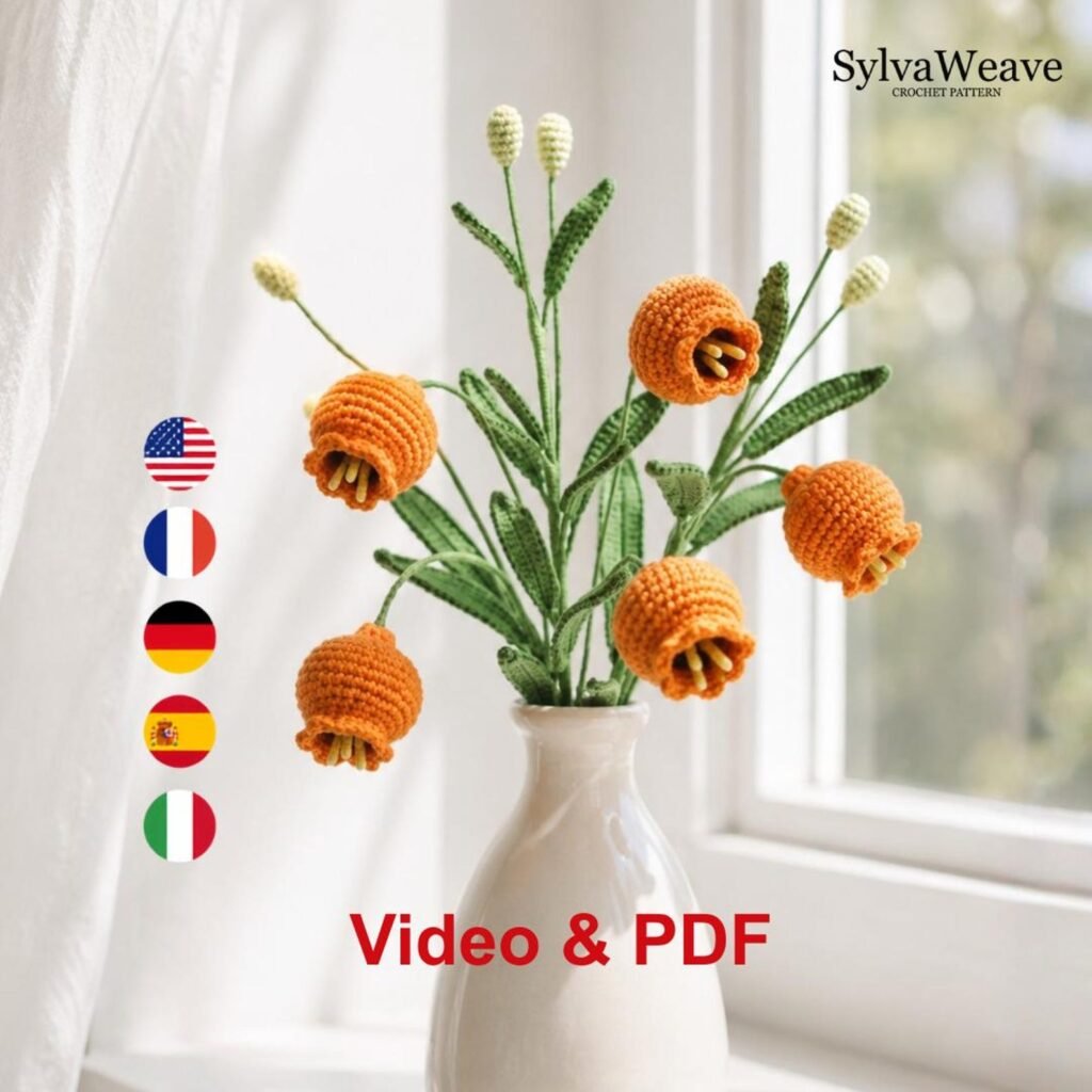 Free crochet flower pattern PDF for orange bell flowers with leaves and buds