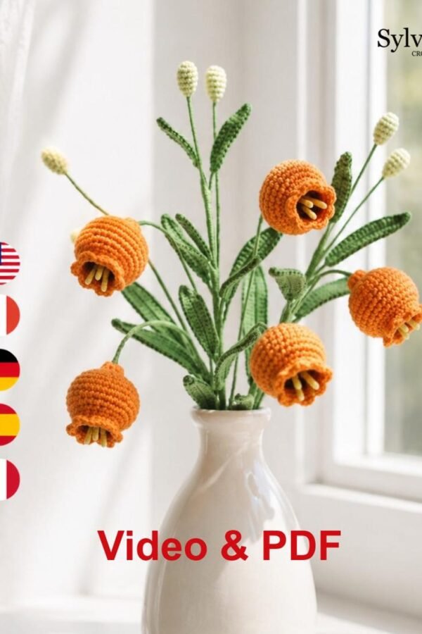 Free crochet flower pattern PDF for orange bell flowers with leaves and buds