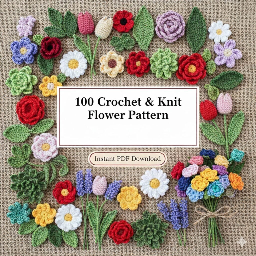 Collection of 100 crochet flower patterns including appliques and granny squares