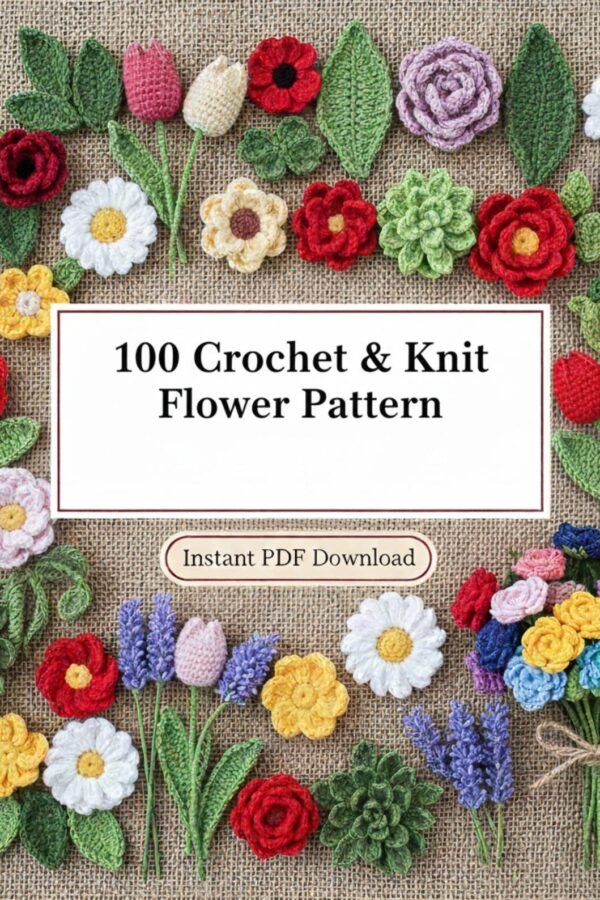 Collection of 100 crochet flower patterns including appliques and granny squares
