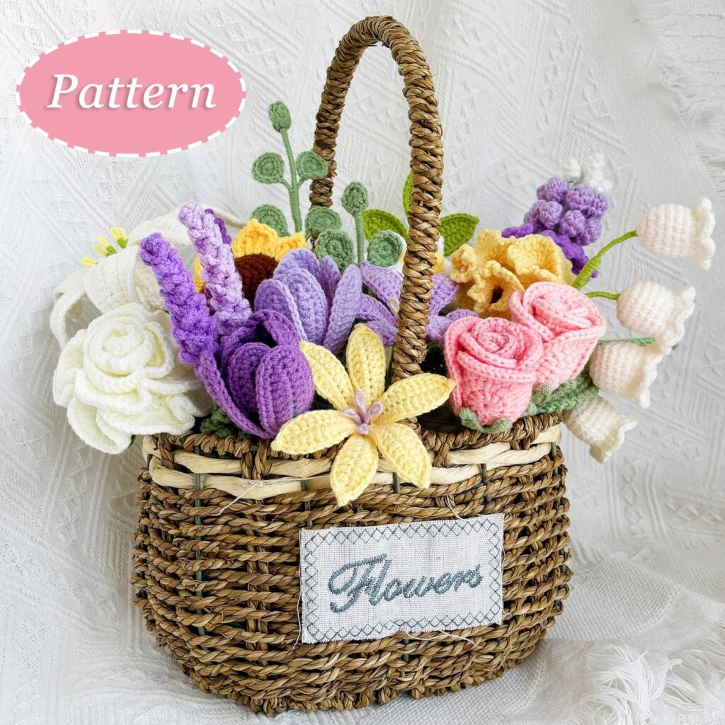 Crochet flower patterns bundle featuring 13 floral designs including roses and lilies
