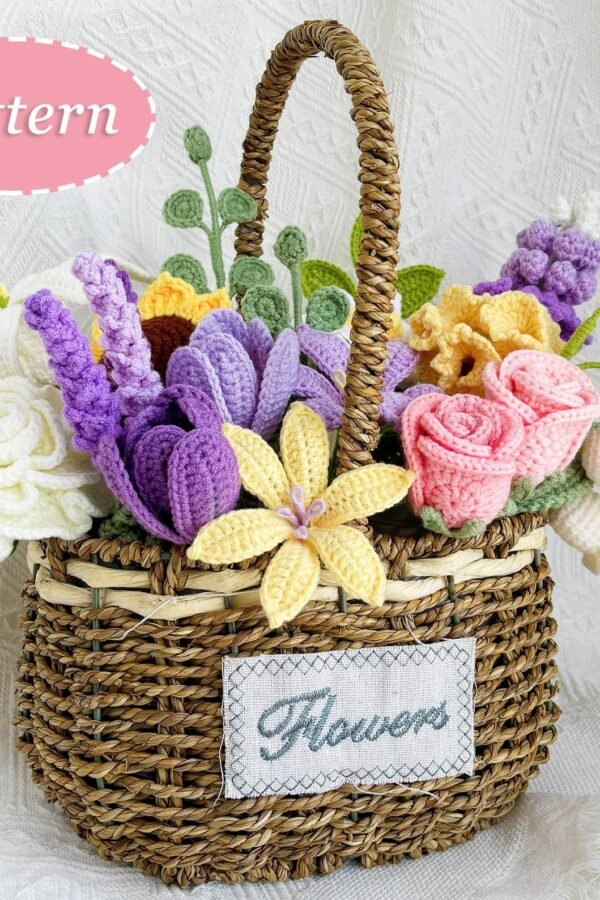 Crochet flower patterns bundle featuring 13 floral designs including roses and lilies