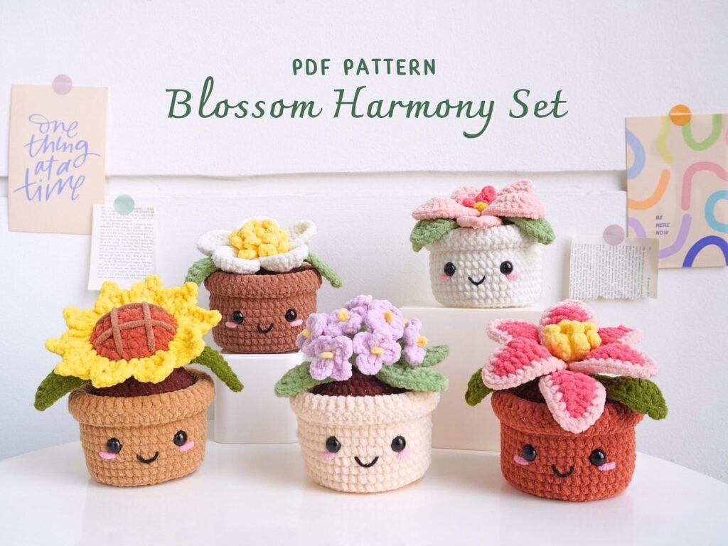 Free crochet flower pot patterns bundle featuring five colorful floral designs
