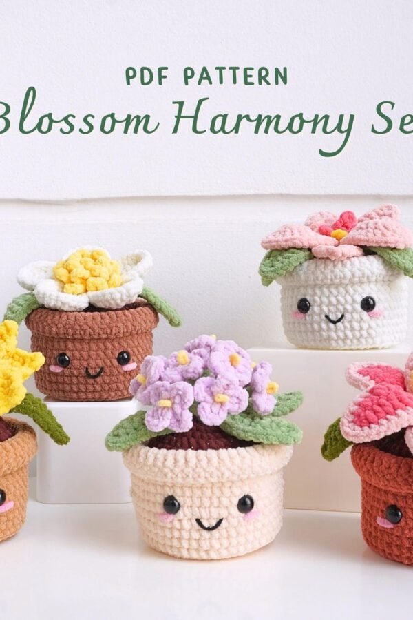 Free crochet flower pot patterns bundle featuring five colorful floral designs