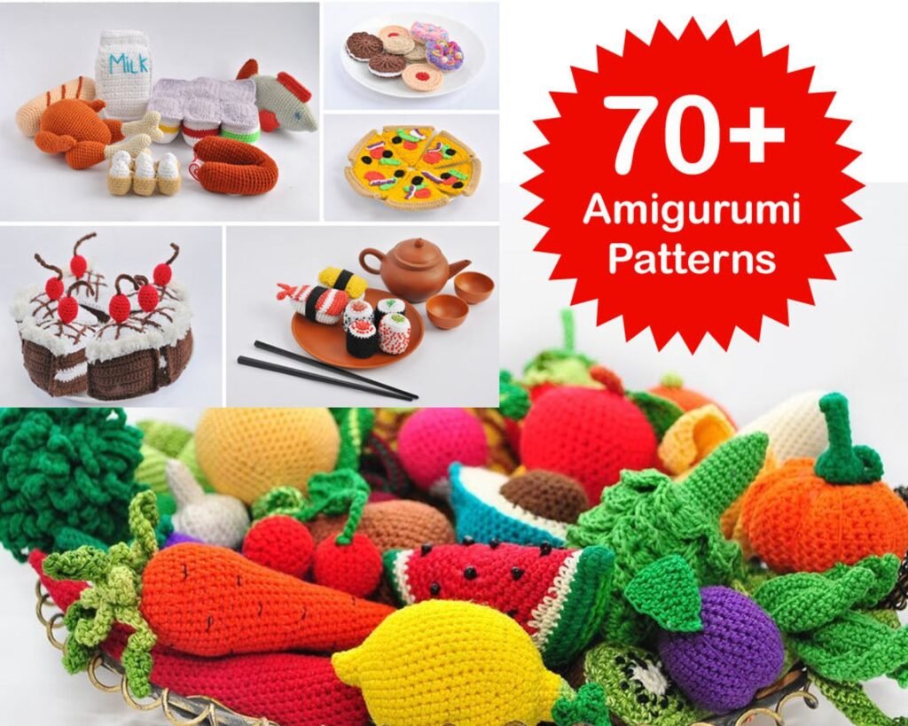 Collection of colorful crochet food patterns including fruits, vegetables and meals