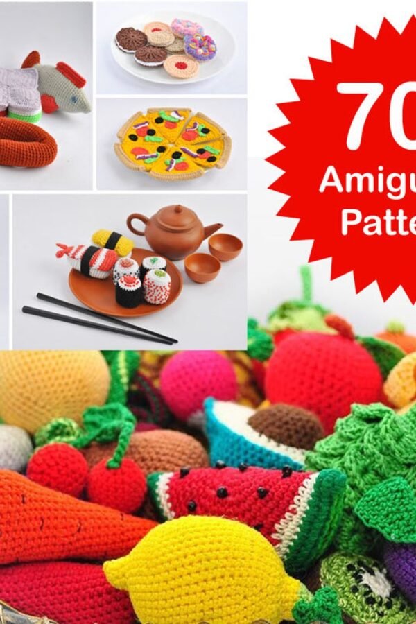 Collection of colorful crochet food patterns including fruits, vegetables and meals