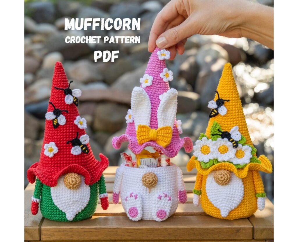 Free crochet gnome pattern bundle with flower gnomes and bee amigurumi designs