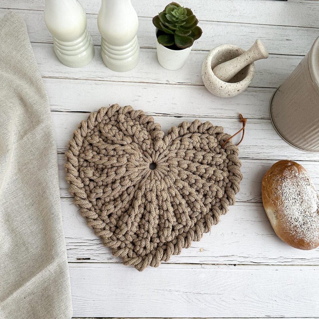 Scandinavian crochet heart pattern for handmade trivet potholder in farmhouse style