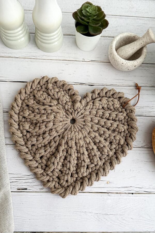 Scandinavian crochet heart pattern for handmade trivet potholder in farmhouse style
