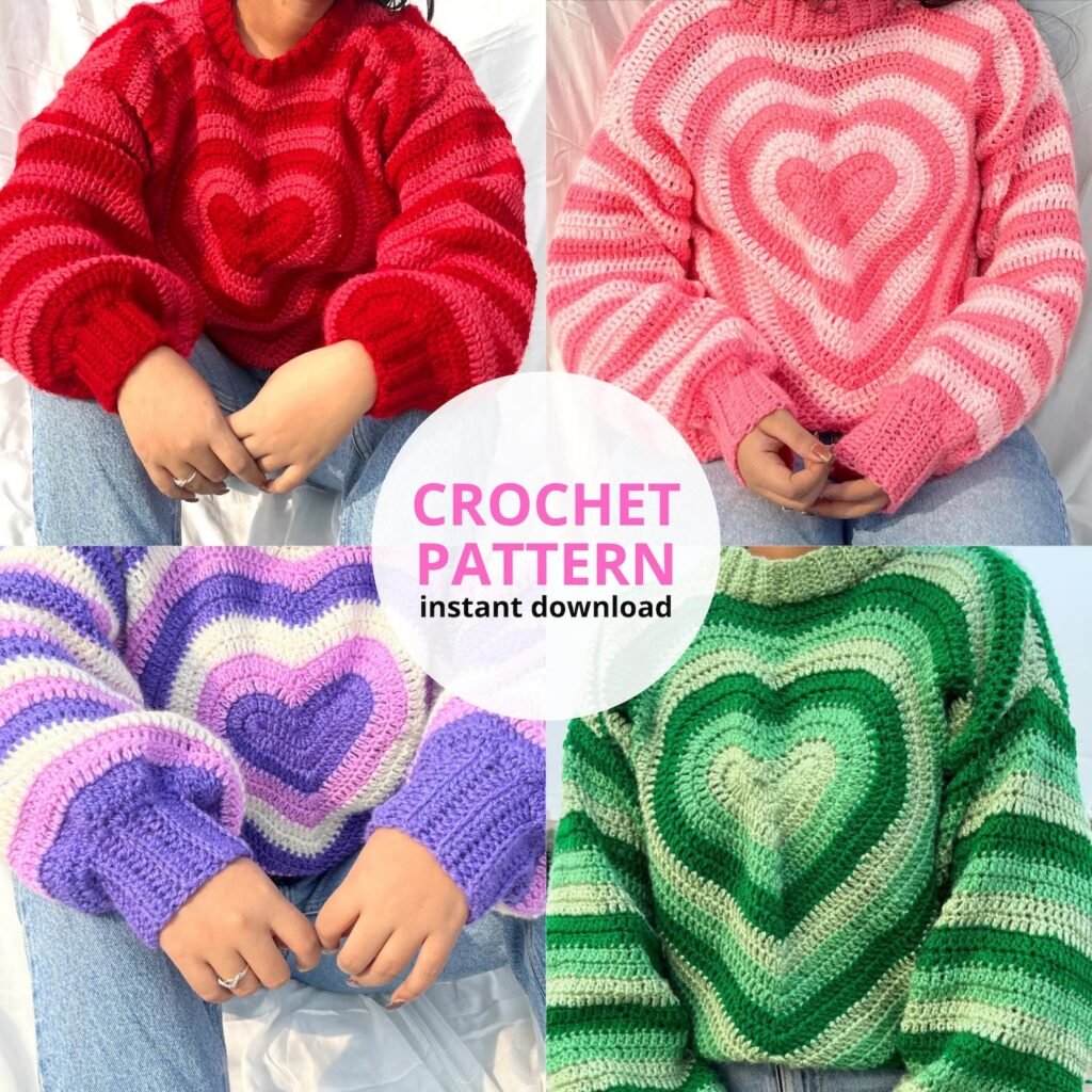 Free crochet heart sweater pattern with striped texture and centered heart design