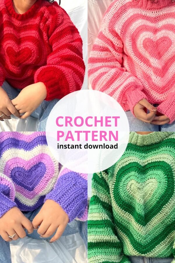 Free crochet heart sweater pattern with striped texture and centered heart design