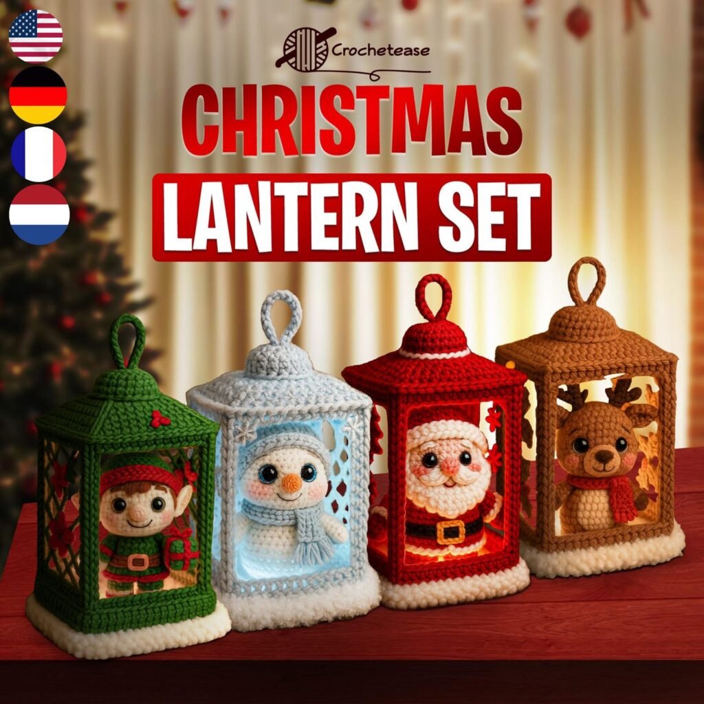 Free crochet lantern pattern bundle featuring Santa, Snowman, Reindeer and Elf designs
