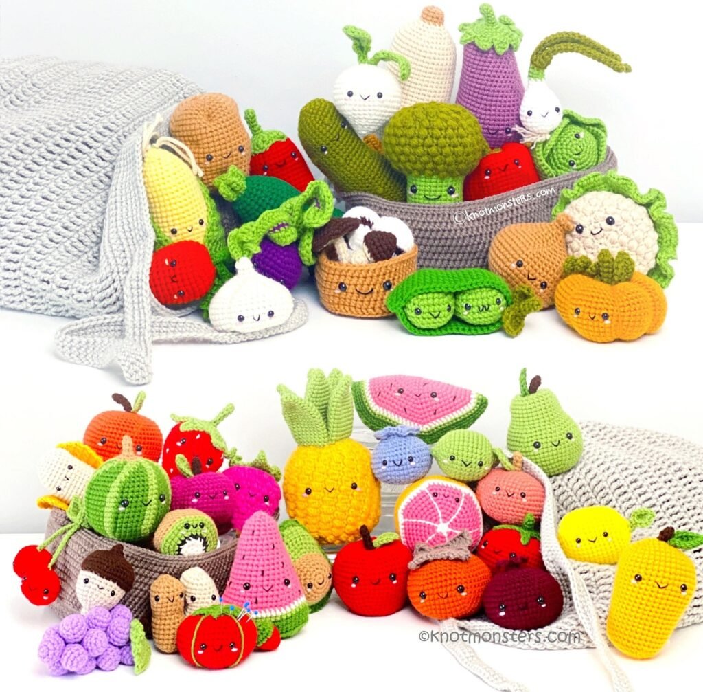 Free crochet patterns bundle featuring 50 cute amigurumi fruits and vegetables