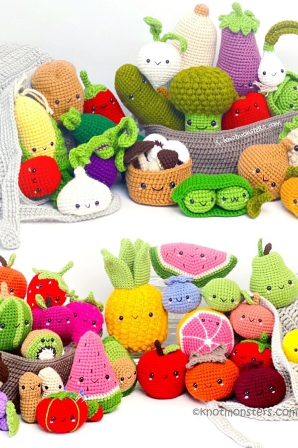 Free crochet patterns bundle featuring 50 cute amigurumi fruits and vegetables