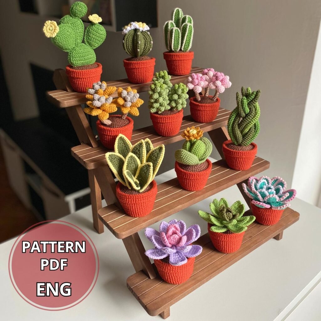 Free crochet succulent pattern collection featuring 12 amigurumi cacti and plants