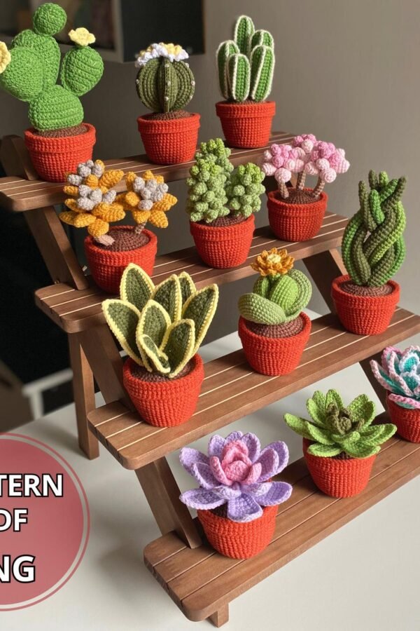 Free crochet succulent pattern collection featuring 12 amigurumi cacti and plants