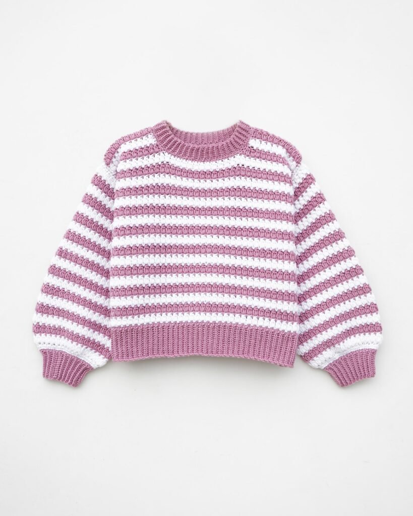 Free crochet sweater pattern for easy striped pullover in multiple sizes