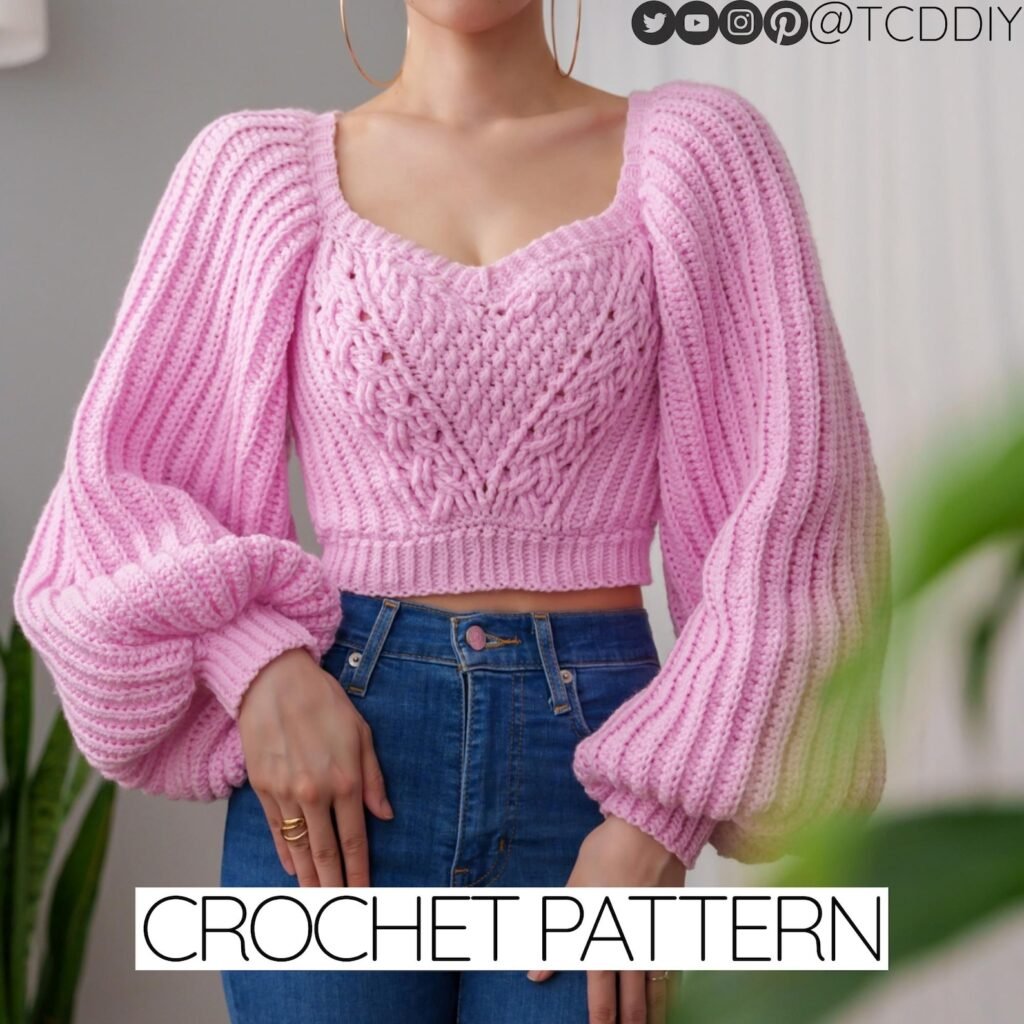 Free crochet sweater pattern with cable stitch and balloon sleeves PDF download