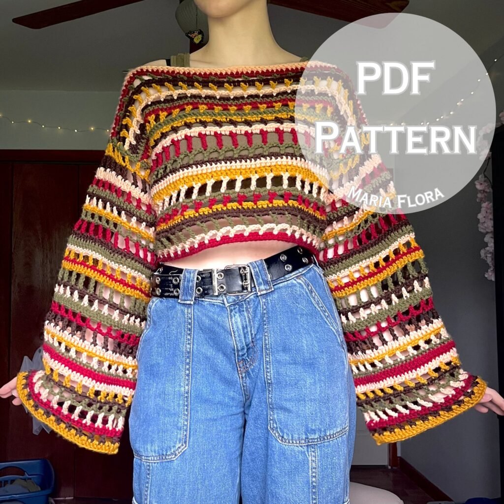 Free crochet sweater pattern for whimsical cropped mesh top design