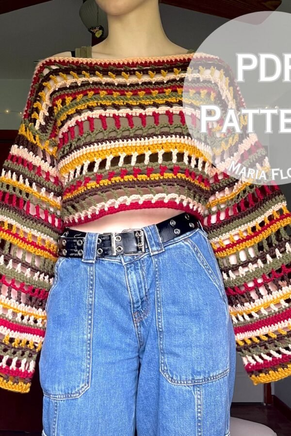 Free crochet sweater pattern for whimsical cropped mesh top design