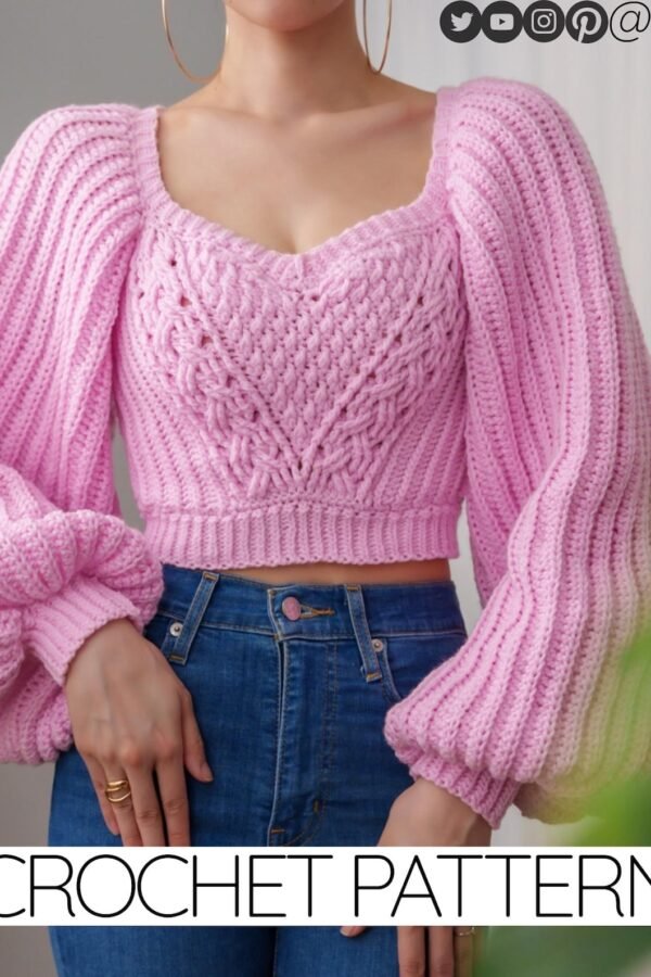 Free crochet sweater pattern with cable stitch and balloon sleeves PDF download