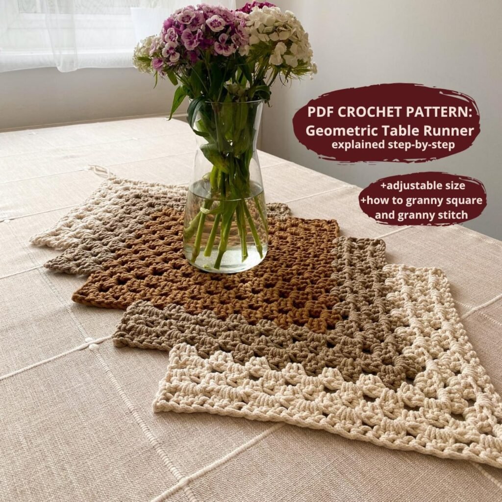 Free crochet table runner pattern with geometric granny squares in neutral colors