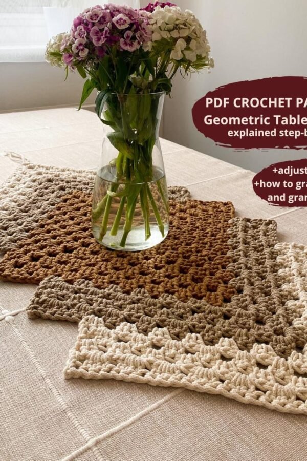 Free crochet table runner pattern with geometric granny squares in neutral colors
