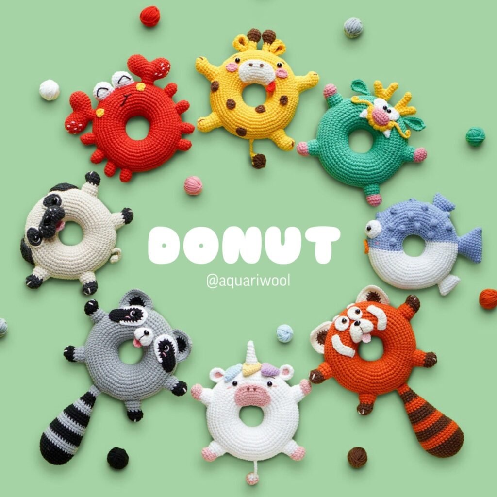 Free donut crochet pattern featuring 8 adorable animal amigurumi designs