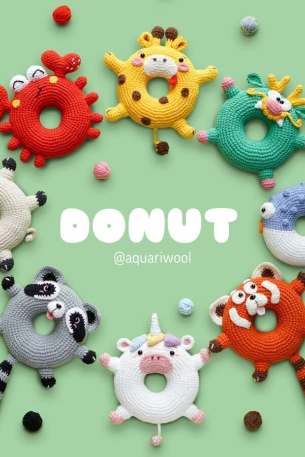 Free donut crochet pattern featuring 8 adorable animal amigurumi designs