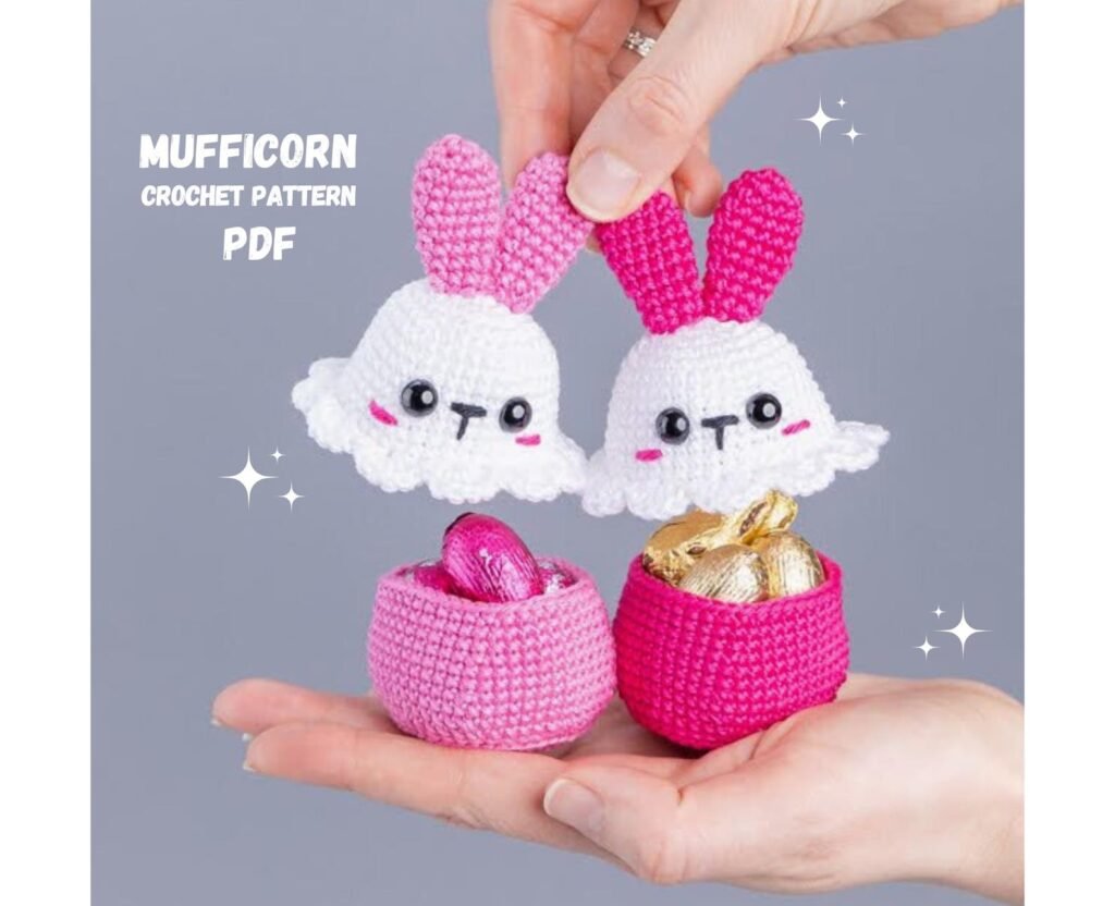 Easter bunny crochet pattern showing adorable egg cozy and candy bowl amigurumi designs