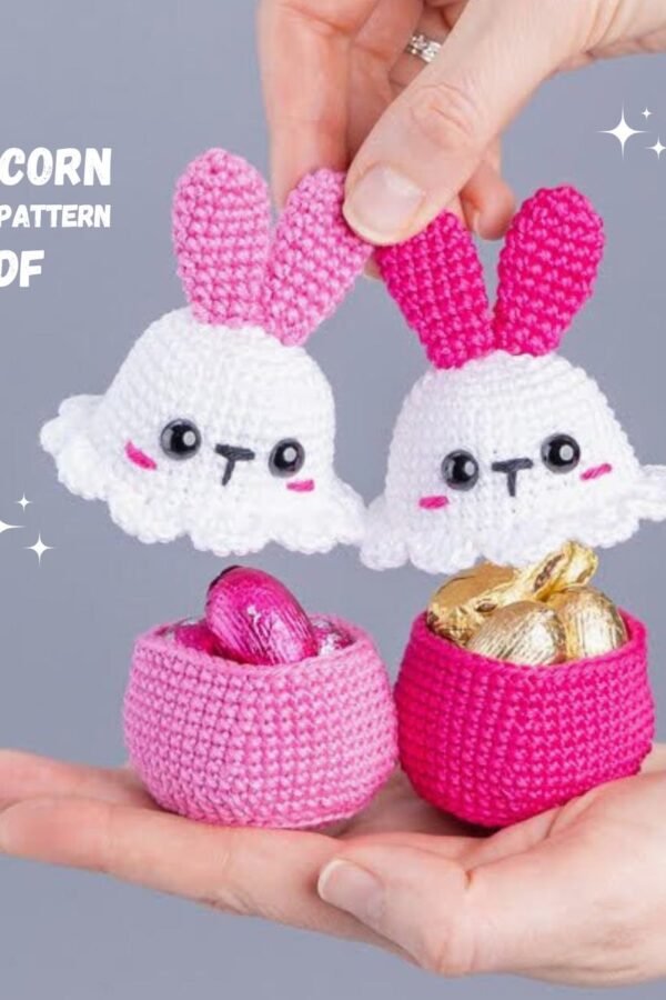 Easter bunny crochet pattern showing adorable egg cozy and candy bowl amigurumi designs