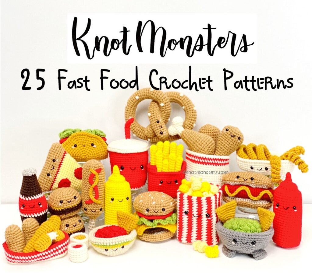 Fast food crochet pattern bundle showing adorable amigurumi burger, fries and drinks
