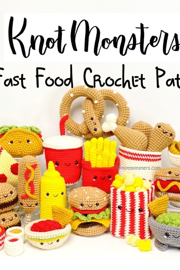 Fast food crochet pattern bundle showing adorable amigurumi burger, fries and drinks