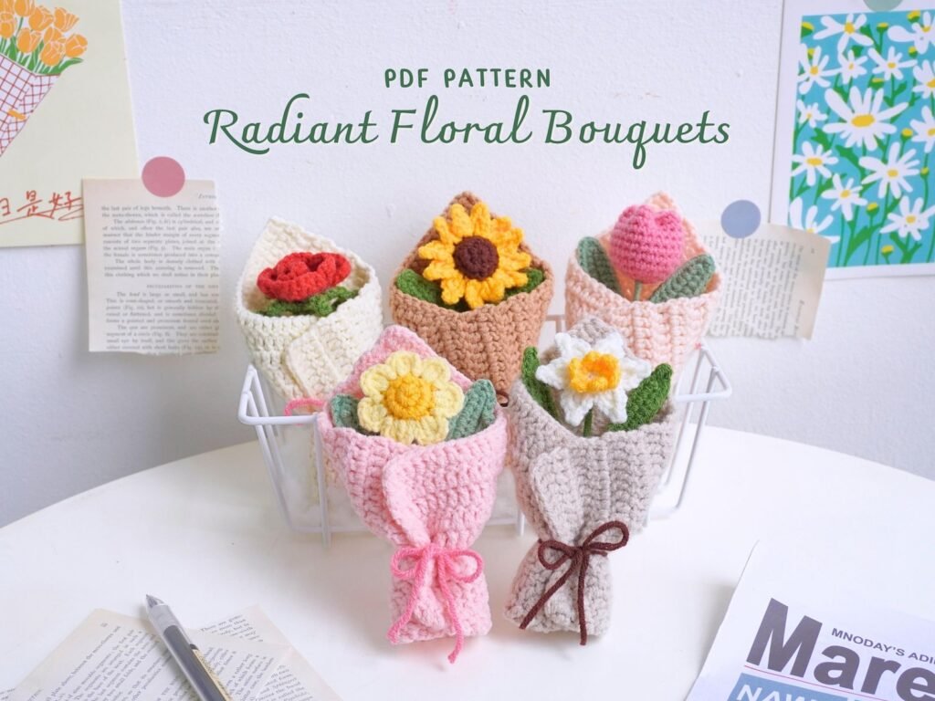 Floral crochet patterns bundle featuring colorful handmade flower bouquets